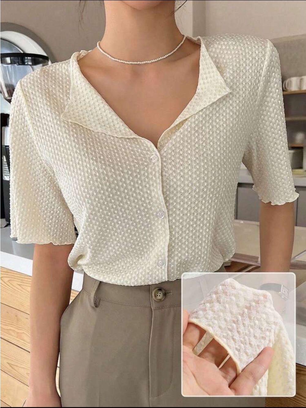 Textured Button-Front Short Sleeve Tunic in Cream